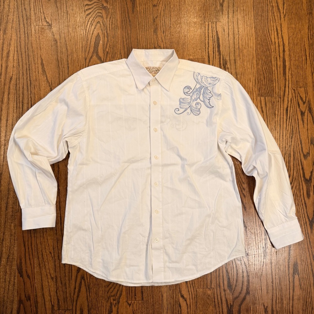 Indigo Joe White Dobby Stripe Graphic Embroidered Button Down‎ Shirt Large White
